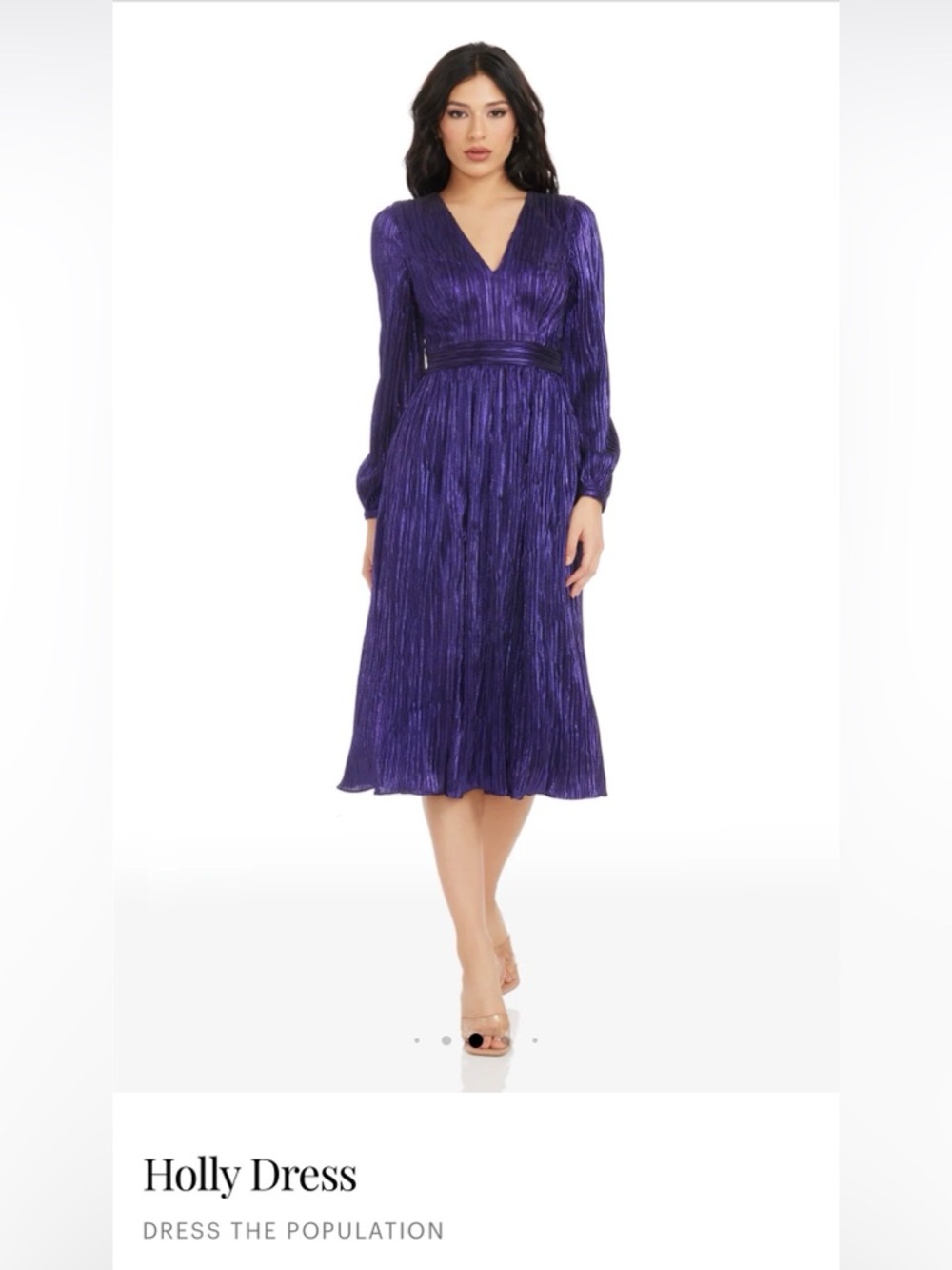 Dress The Population Purple Pleated V-Neck Long Sleeve Midi Dress - Sz XS